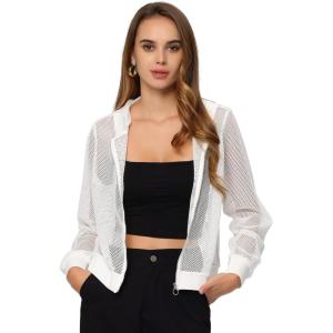 imageAllegra K Hoodie Jacket for Womens 2024 Zip Up Long Sleeve Mesh Sheer Bomber JacketsWhite