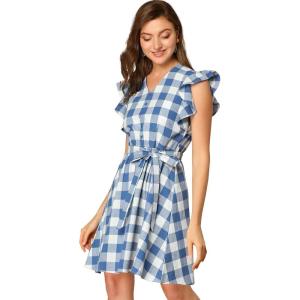 imageAllegra K Womens Casual Check Ruffled Sleeve Sundress ALine Vintage Plaids Gingham DressBlue