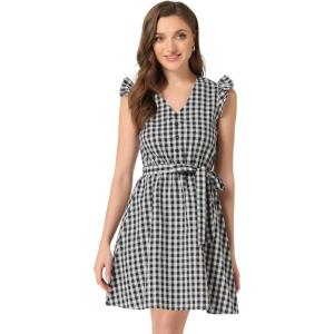 imageAllegra K Womens Casual Check Ruffled Sleeve Sundress ALine Vintage Plaids Gingham DressDark Blue