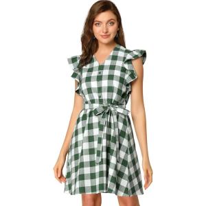 imageAllegra K Womens Casual Check Ruffled Sleeve Sundress ALine Vintage Plaids Gingham DressDark Green