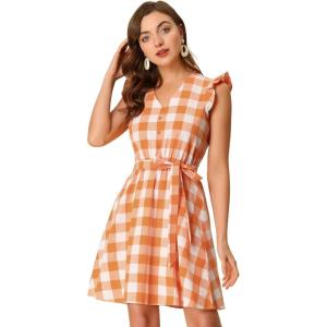 imageAllegra K Womens Casual Check Ruffled Sleeve Sundress ALine Vintage Plaids Gingham DressOrange