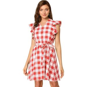 imageAllegra K Womens Casual Check Ruffled Sleeve Sundress ALine Vintage Plaids Gingham DressRed