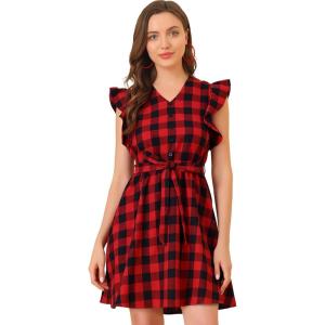 imageAllegra K Womens Casual Check Ruffled Sleeve Sundress ALine Vintage Plaids Gingham DressRed Black