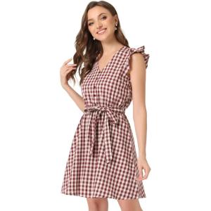 imageAllegra K Womens Casual Check Ruffled Sleeve Sundress ALine Vintage Plaids Gingham DressWine Red