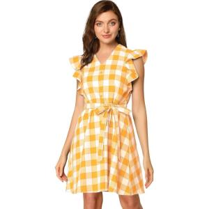 imageAllegra K Womens Casual Check Ruffled Sleeve Sundress ALine Vintage Plaids Gingham DressYellow