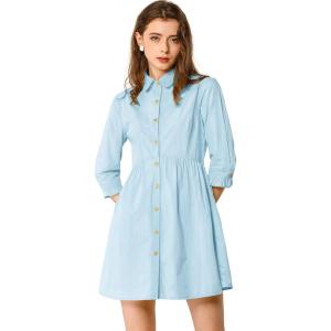 imageAllegra K Womens Casual Shirt Dress Ruched 34 Sleeve Button Down Work School Mini DressesBlue