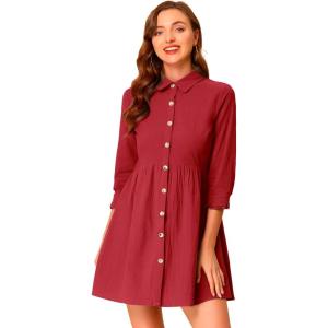 imageAllegra K Womens Casual Shirt Dress Ruched 34 Sleeve Button Down Work School Mini DressesBurgundy