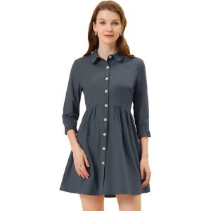 imageAllegra K Womens Casual Shirt Dress Ruched 34 Sleeve Button Down Work School Mini DressesDark Blue