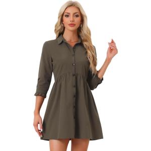 imageAllegra K Womens Casual Shirt Dress Ruched 34 Sleeve Button Down Work School Mini DressesDark Brown