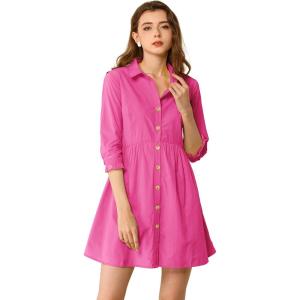 imageAllegra K Womens Casual Shirt Dress Ruched 34 Sleeve Button Down Work School Mini DressesFuchsia