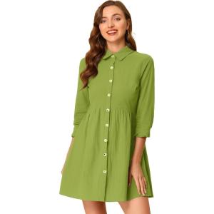 imageAllegra K Womens Casual Shirt Dress Ruched 34 Sleeve Button Down Work School Mini DressesGrass Green