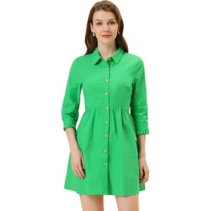 imageAllegra K Womens Casual Shirt Dress Ruched 34 Sleeve Button Down Work School Mini DressesGreen