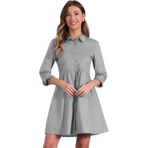 imageAllegra K Womens Casual Shirt Dress Ruched 34 Sleeve Button Down Work School Mini DressesGrey