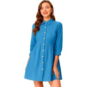 imageAllegra K Womens Casual Shirt Dress Ruched 34 Sleeve Button Down Work School Mini DressesLake Blue