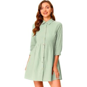 imageAllegra K Womens Casual Shirt Dress Ruched 34 Sleeve Button Down Work School Mini DressesLight Green