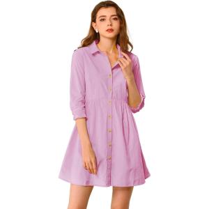 imageAllegra K Womens Casual Shirt Dress Ruched 34 Sleeve Button Down Work School Mini DressesPink Purple