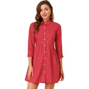 imageAllegra K Womens Casual Shirt Dress Ruched 34 Sleeve Button Down Work School Mini DressesRed