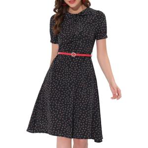 imageAllegra K Womens Peter Pan Collar Tie Neck Short Sleeves ALine Elegant Belted Vintage Floral DressBlack