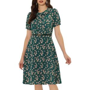 imageAllegra K Womens Peter Pan Collar Tie Neck Short Sleeves ALine Elegant Belted Vintage Floral DressDark Green