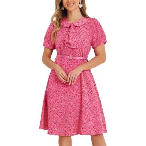 imageAllegra K Womens Peter Pan Collar Tie Neck Short Sleeves ALine Elegant Belted Vintage Floral DressHot Pink