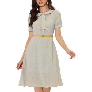 imageAllegra K Womens Peter Pan Collar Tie Neck Short Sleeves ALine Elegant Belted Vintage Floral DressLight Blue