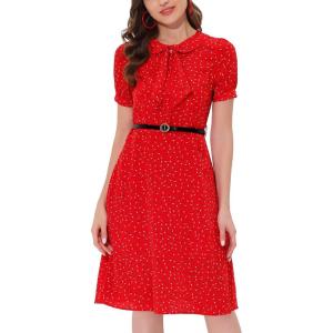 imageAllegra K Womens Peter Pan Collar Tie Neck Short Sleeves ALine Elegant Belted Vintage Floral DressRed