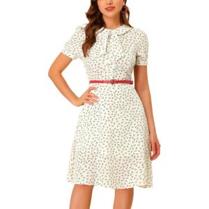 imageAllegra K Womens Peter Pan Collar Tie Neck Short Sleeves ALine Elegant Belted Vintage Floral DressWhite