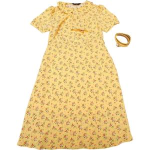 imageAllegra K Womens Peter Pan Collar Tie Neck Short Sleeves ALine Elegant Belted Vintage Floral DressYellow