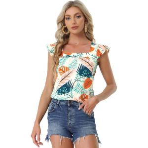 imageAllegra K Womens Tropical Printed Square Neck Ruffle Sleeve Tank TopOrange