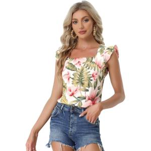 imageAllegra K Womens Tropical Printed Square Neck Ruffle Sleeve Tank TopWhite