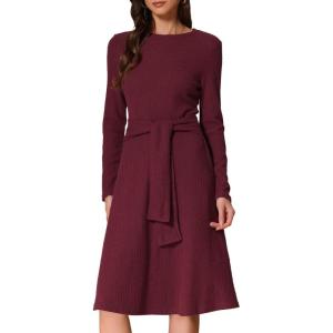 imageAllegra K Womens Sweater Dress Ribbed Dress A Line Tie Waist Knit Christmas Midi Long Sleeve DressesBurgundy