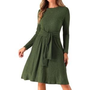 imageAllegra K Womens Sweater Dress Ribbed Dress A Line Tie Waist Knit Christmas Midi Long Sleeve DressesDark Green