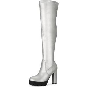 imageAllegra K Womens Platform Boots Chunky Heel Over Knee High BootsSilver