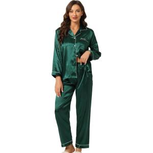 imageAllegra K Womens Satin Night Suits Valentines Day Button Down Pjs with Pants Silky Lounge Pajama SetsDark Green