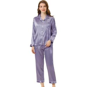 imageAllegra K Womens Satin Night Suits Valentines Day Button Down Pjs with Pants Silky Lounge Pajama SetsGray Purple