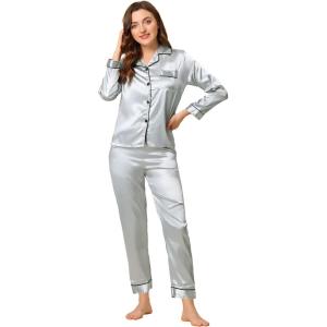 imageAllegra K Womens Satin Night Suits Valentines Day Button Down Pjs with Pants Silky Lounge Pajama SetsGrey