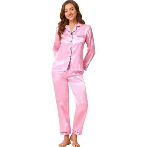 imageAllegra K Womens Satin Night Suits Valentines Day Button Down Pjs with Pants Silky Lounge Pajama SetsPink