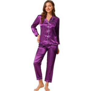 imageAllegra K Womens Satin Night Suits Valentines Day Button Down Pjs with Pants Silky Lounge Pajama SetsPurple