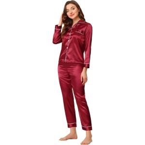 imageAllegra K Womens Satin Night Suits Valentines Day Button Down Pjs with Pants Silky Lounge Pajama SetsRed