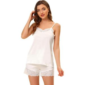 imageAllegra K Womens Satin Pjs Sleepwear Lace Trim Camisole Tops with Shorts Lounge Silky Pajama SetsWhite