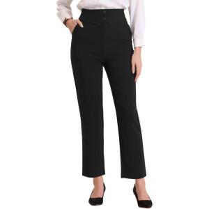 imageAllegra K Elegant Business Pants for Womens Elastic Waist Button Decor Straight Leg Work TrousersBlack