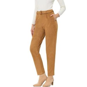 imageAllegra K Womens Faux Suede Pants Casual High Waist Belted Straight Legs TrousersBrown