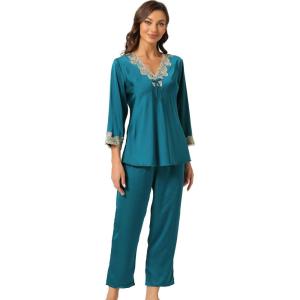 imageAllegra K Womens Satin Sleepwear Night Suit V Neck Lace Nightwear Lounge Pajama SetDark Green