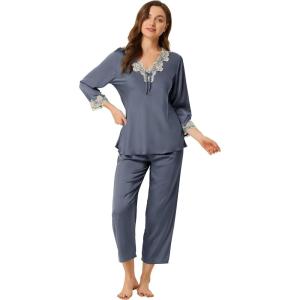 imageAllegra K Womens Satin Sleepwear Night Suit V Neck Lace Nightwear Lounge Pajama SetDark Grey