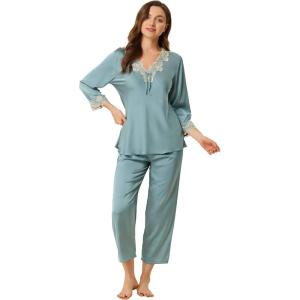 imageAllegra K Womens Satin Sleepwear Night Suit V Neck Lace Nightwear Lounge Pajama SetLight Blue