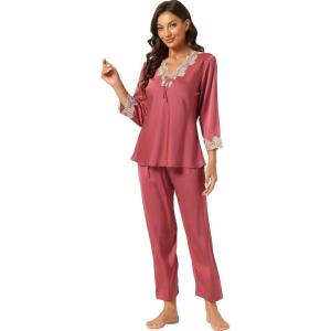 imageAllegra K Womens Satin Sleepwear Night Suit V Neck Lace Nightwear Lounge Pajama SetLight Red