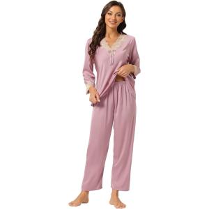 imageAllegra K Womens Satin Sleepwear Night Suit V Neck Lace Nightwear Lounge Pajama SetPink Purple