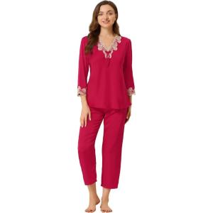 imageAllegra K Womens Satin Sleepwear Night Suit V Neck Lace Nightwear Lounge Pajama SetRed