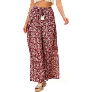 imageAllegra K Womens Boho High Waist Drawstring Split Flowy Wide Leg PantsRed