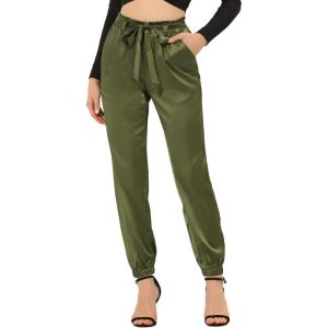 imageAllegra K Womens Casual High Waisted Ankle Length Bow Tie Waist Satin Pants with PocketArmy Green